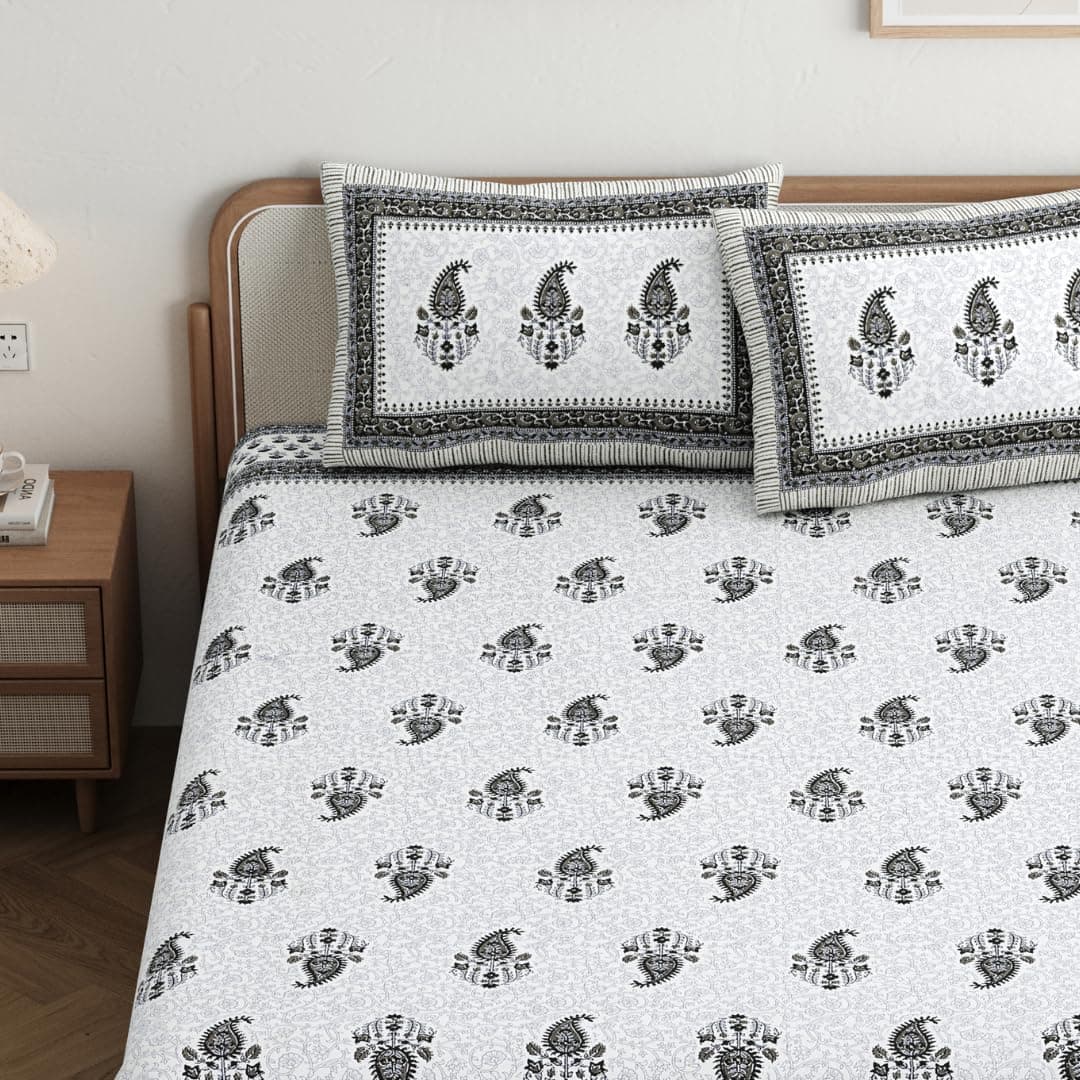 Jaipur Weaves Jaipuri Double Bed Cotton Bedsheet Queen Size 90x108, 144 TC 100% Pure Cotton Bed Sheet with 2 Pillow Covers, Royal Motifs Traditional Print (Brown Motif,Queen)