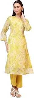 W for Woman Yellow Floral Printed Straight Kota Kurta and Pants Set