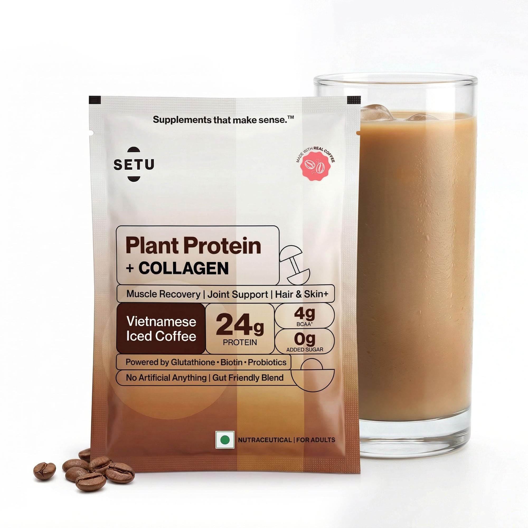 Setu Plant Protein + Veg Collagen | 24g Protein with Glutathione & Biotin | Pea & Rice Isolate | For Muscle, Skin & Hair | No Bloating, Probiotics | Vegan Protein Powder for Men & Women | (1 Sachet Single Serve )