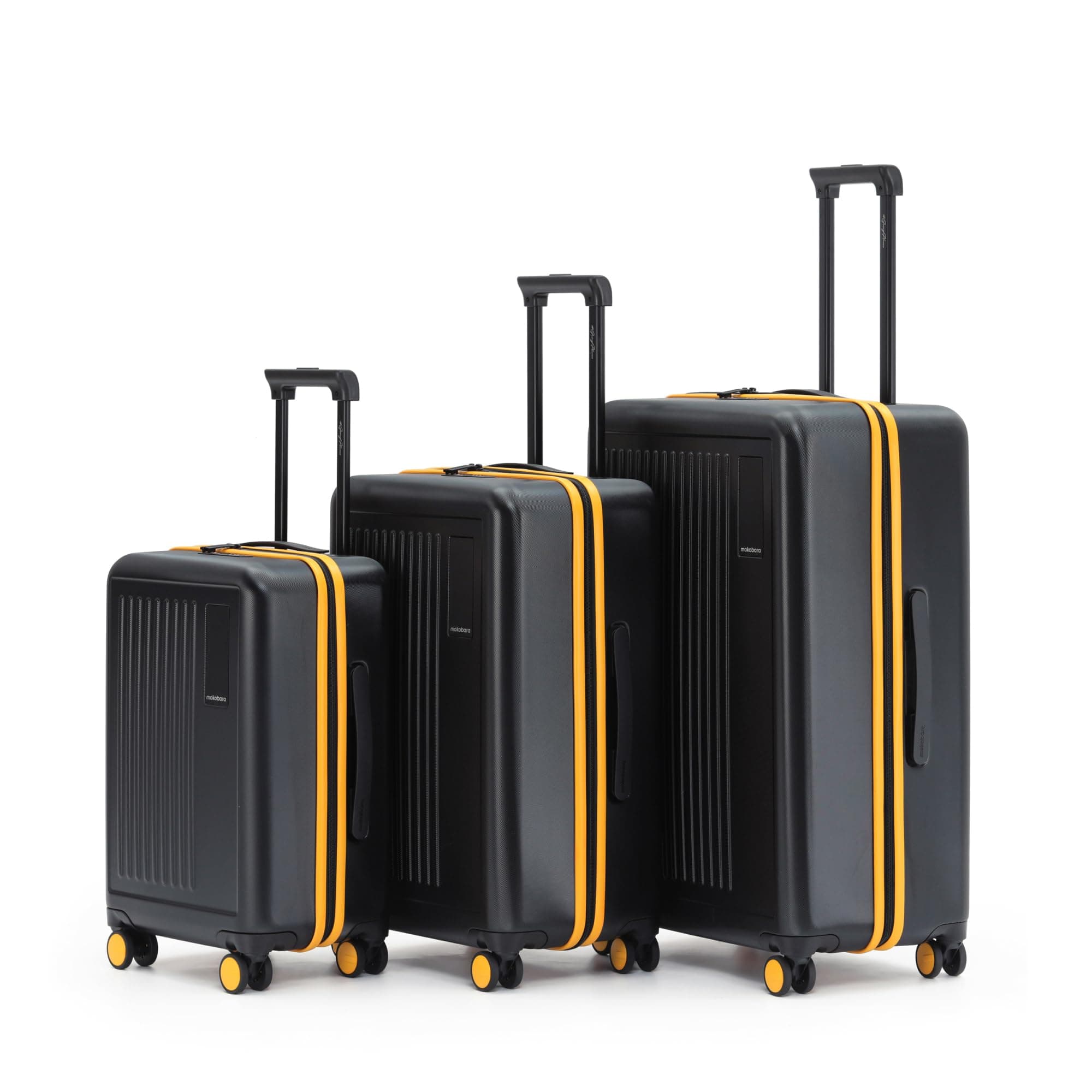 MOKOBARA Transit Set of 3 Luggage Trolley Bag,Cabin(40L)+Check-in(65L)+Check-in Large(100L),Polycarbonate Hardshell,360°Silent Wheels,YKK Zipper,for 30+ Days Travel,Black&Yellow(Money Moves Sunray)