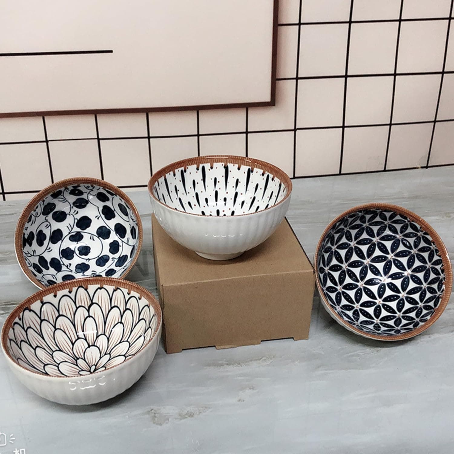 DANSR Ceramic Snack Bowl with Spoons (300 ML) – Floral Mustard Design Microwave & Dishwasher Safe Serving Bowls for Soup, Rice, Dal, Salad, Noodles, Dessert & Snacks | Premium Gift Box Bowl Set of 4