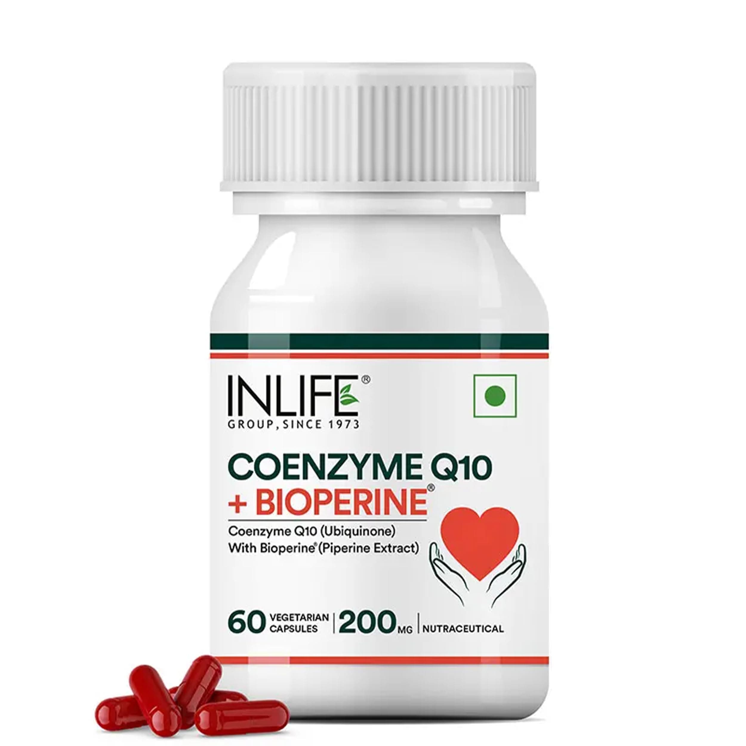 INLIFE Coenzyme Q10 CoQ10 200mg with Piperine Bioperine 8mg, 60 Capsules | Patented Clinically-Studied BioPerine for Better Absorption, Supports Heart & Cellular Energy, 60-Day Supply, No Additives