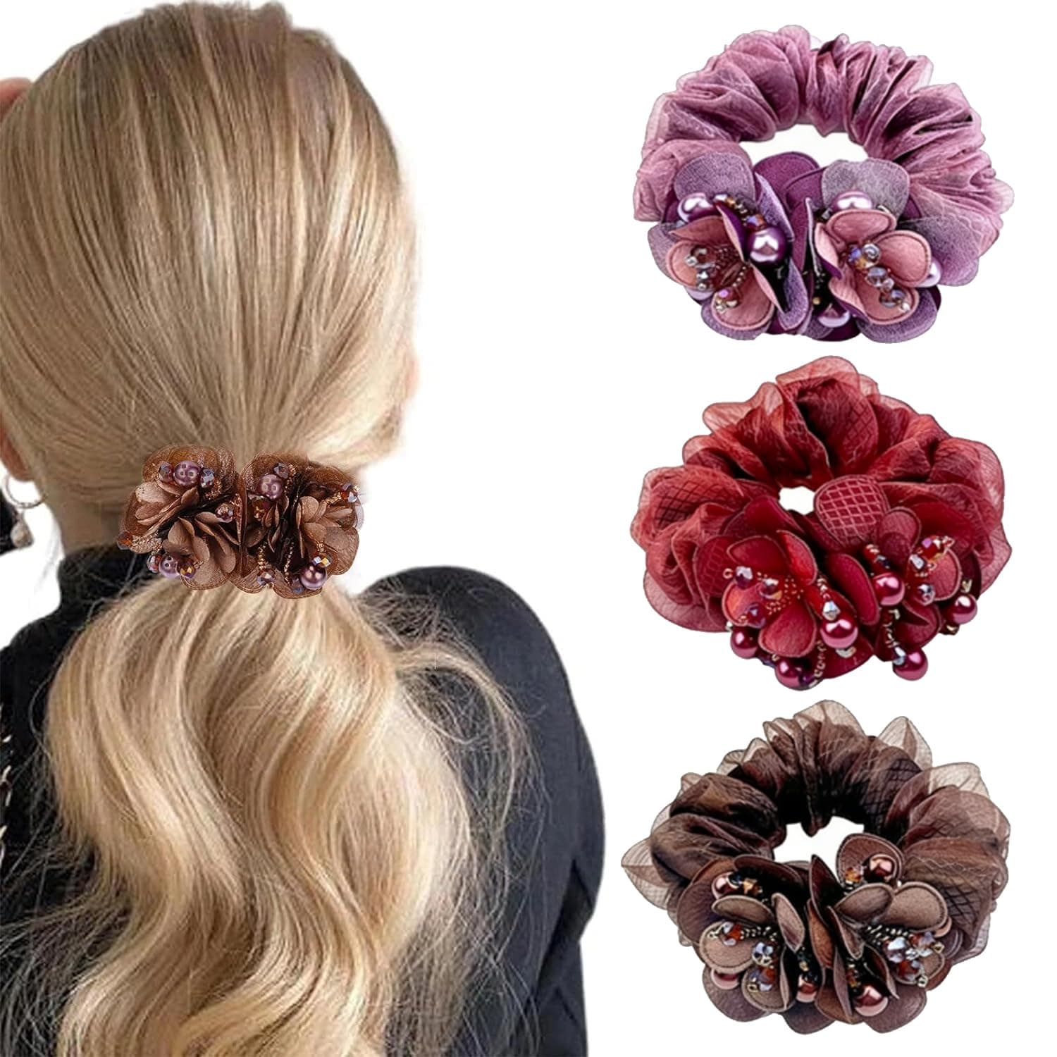 Melodio 3 Pack Floral Organza Scrunchies, Elegant Pearl & Rhinestone Hair Ties, Vintage Flower Ponytail Holders, Decorative Elastic Hair Bands for Women, Purple/Red/Brown
