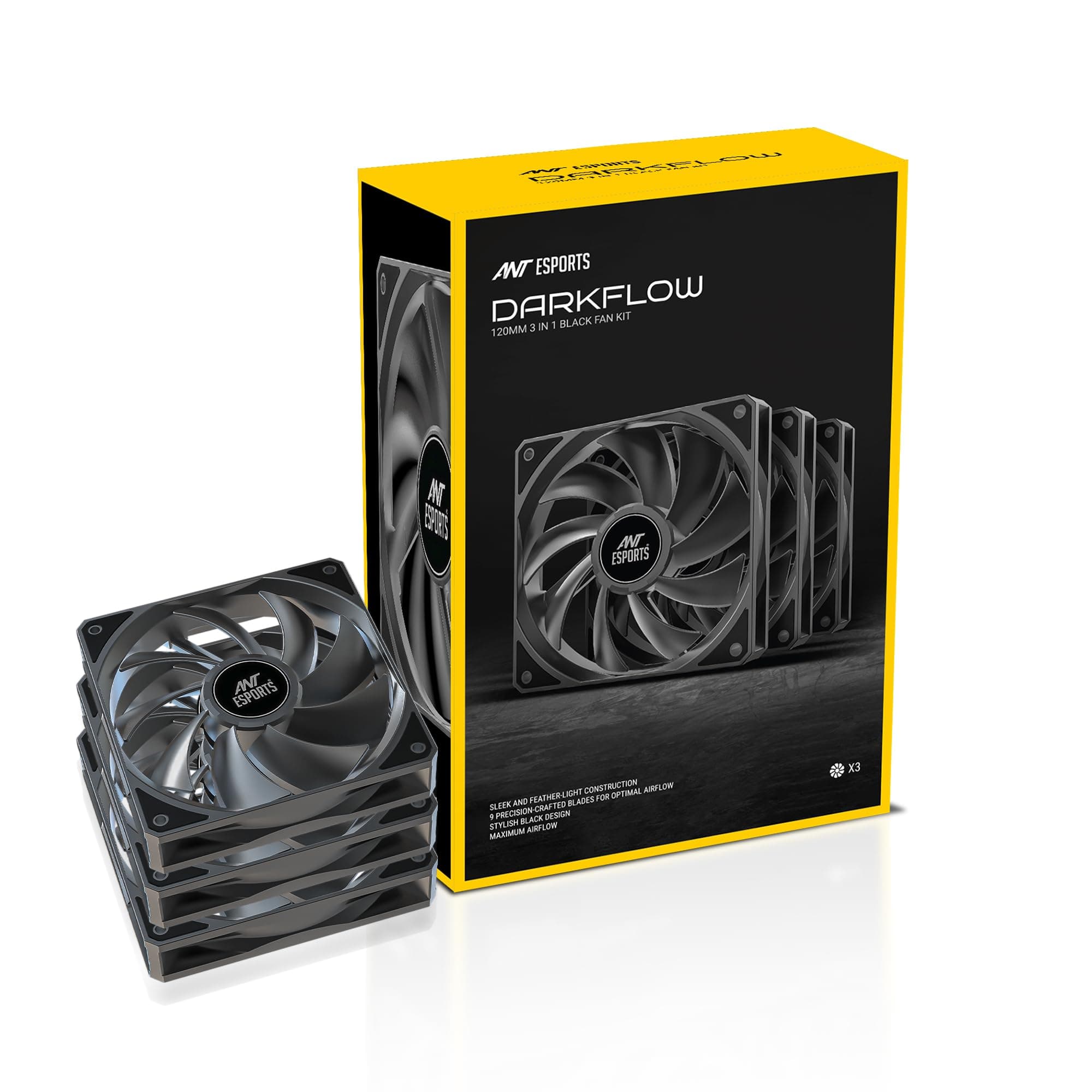 Ant Esports Darkflow 120mm 3 IN 1 Case Fan Kit - Black, High Static Pressure, PWM Control, 1800 RPM, 73.6 CFM Airflow