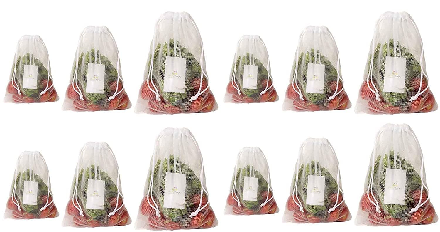 HomeStrap Set Of 12 Double Layered Mesh Drawstring Reusable Fridge/Refrigerator Storage Bag/Pouches For Fruits, Vegetables(4 Small, 4 Medium & 4 Large)(Featured On Shark Tank)