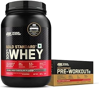OPTIMUM NUTRITION (ON) Gold Standard 100% Whey -2 Lbs (Double Rich Chocolate) And Pre Workout -(Fruit Punch) -142.5G/15 Single Serve Packs, 1049.5 Grams, 1 Scoop