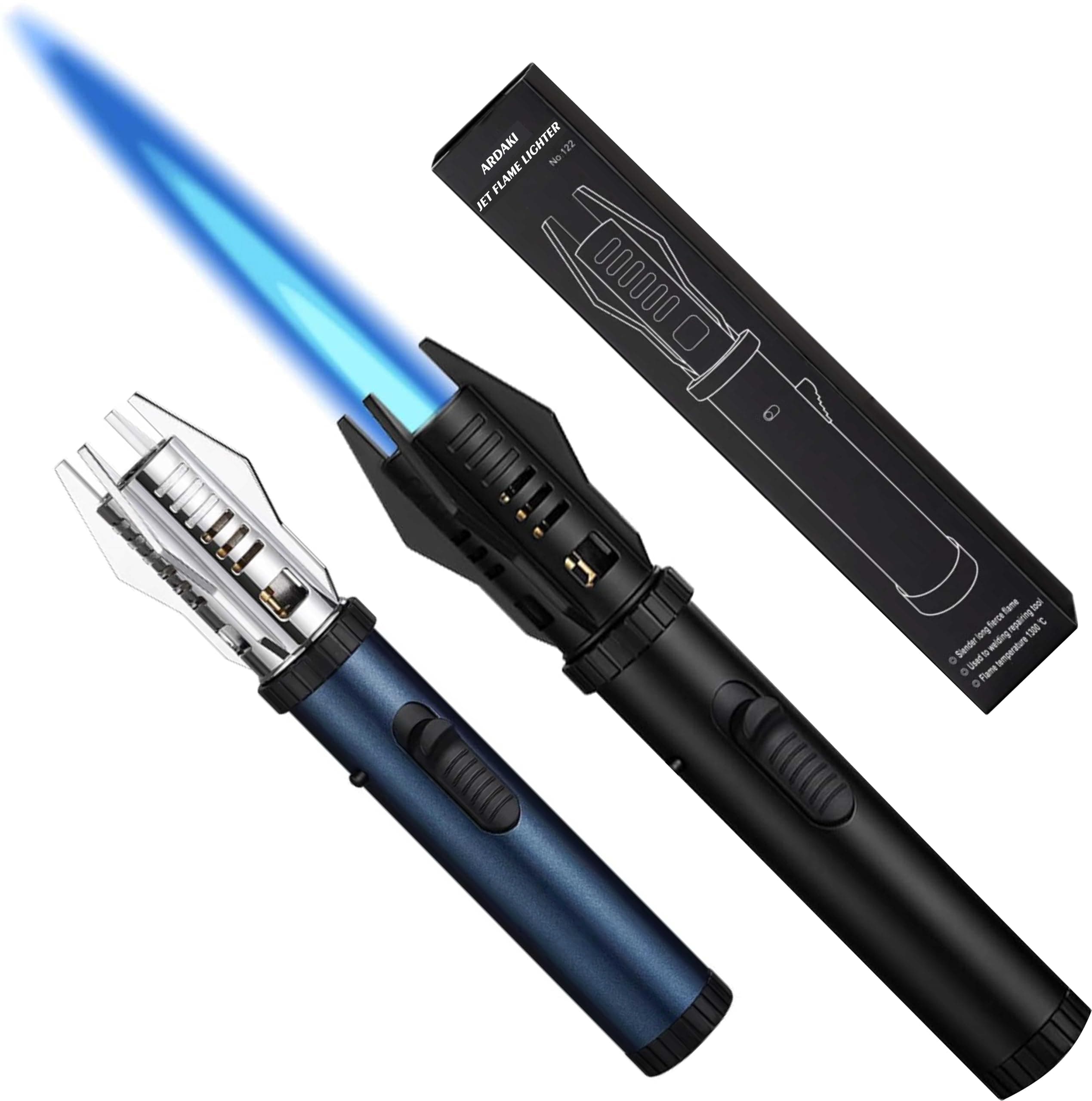 ARDAKI Jet Flame Butane Gas Lighter Refillable Windproof Torch Lighter with Safety Lock and Adjustable Flame Cool Lighters for Candles Campfires BBQ Baking Fireplace Camping | Metal Body