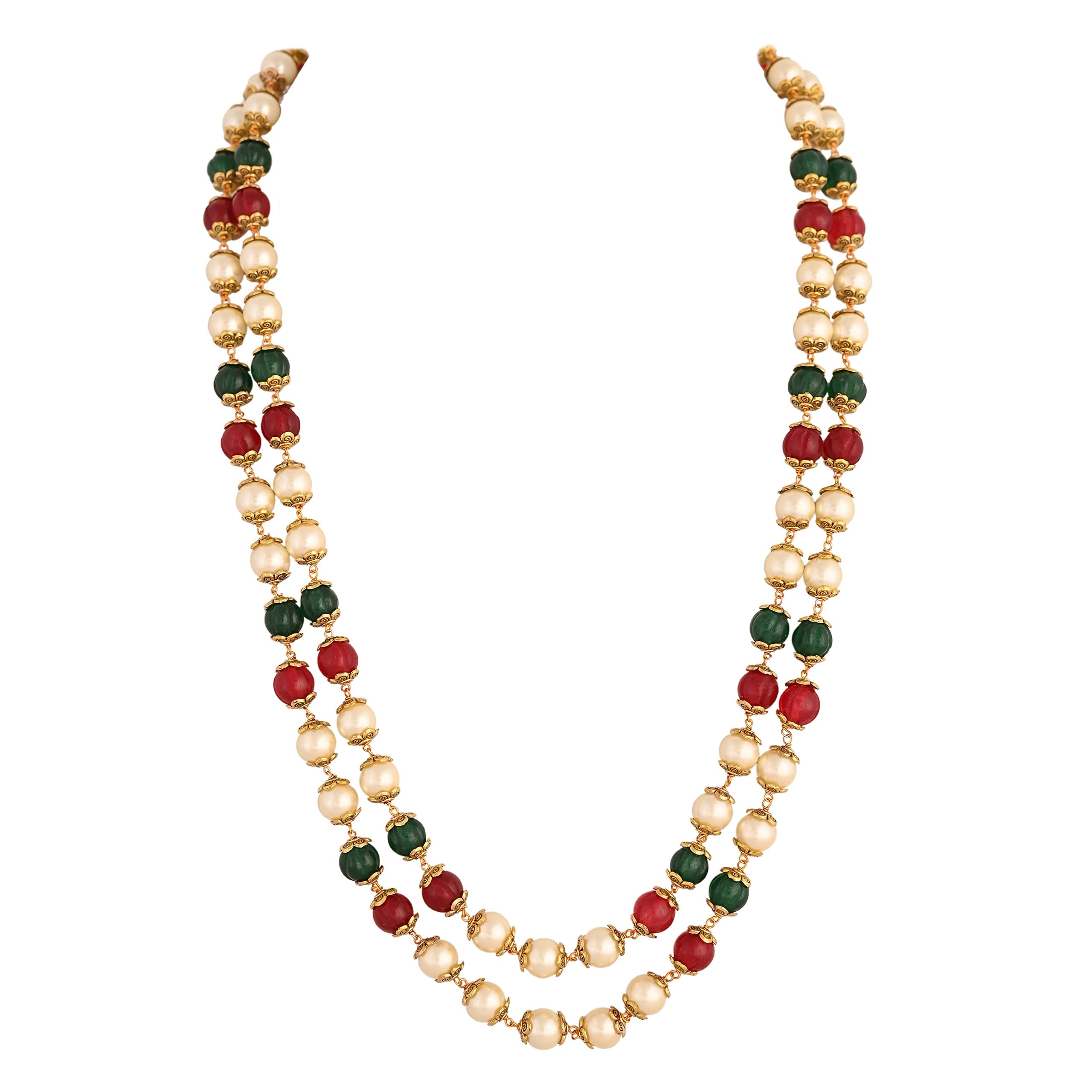 Ratnavali Jewels Double Line Red Green 8mm Golden Pearl Beads Mala Necklace For Women/Girls
