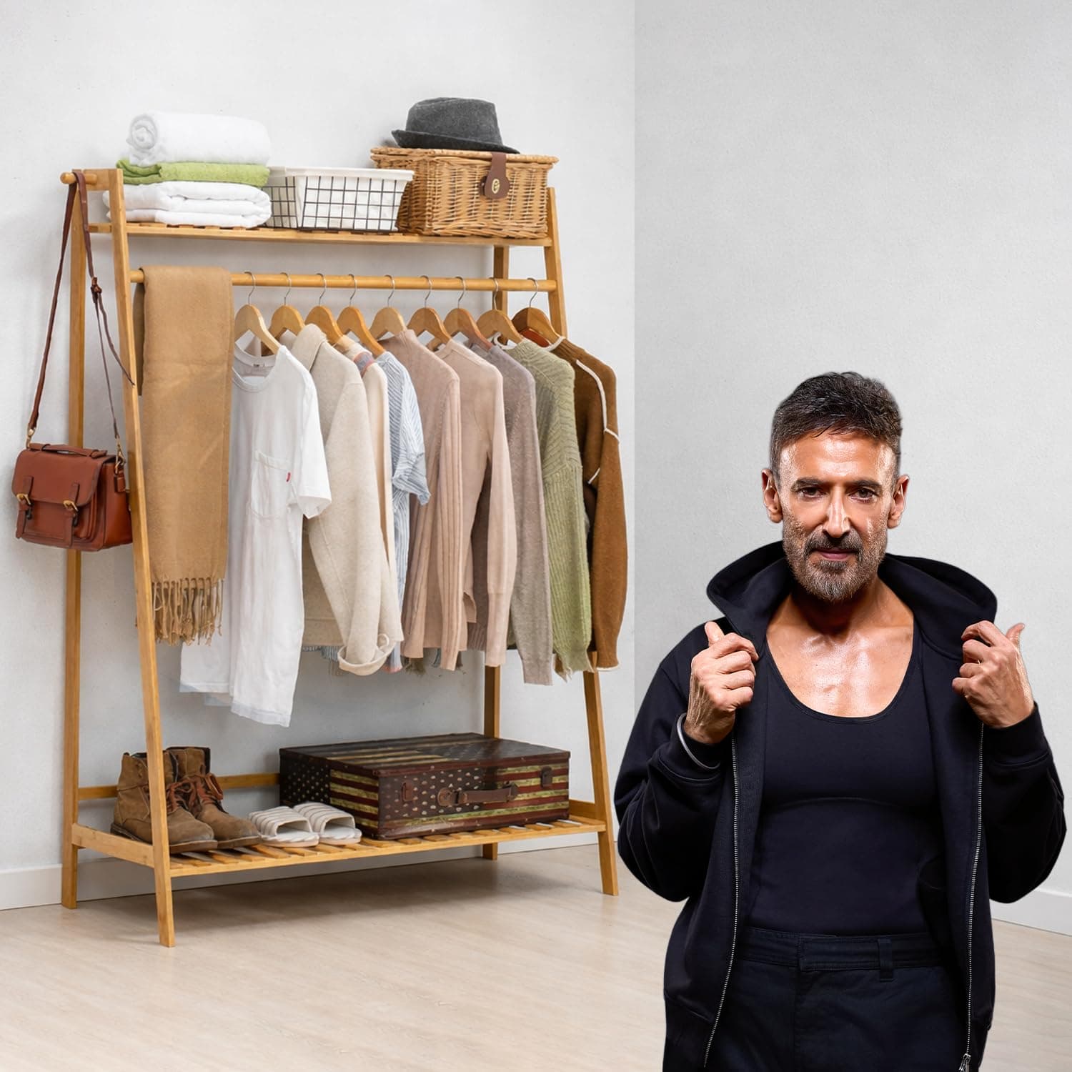 ADA® Premium Natural Bamboo Clothes Hanger, Multifunctional Clothing Coat Rack Storage Organizer Shelves for Hallway, Living Room and Guest Room(L-100 x W-40 x H-140) cm