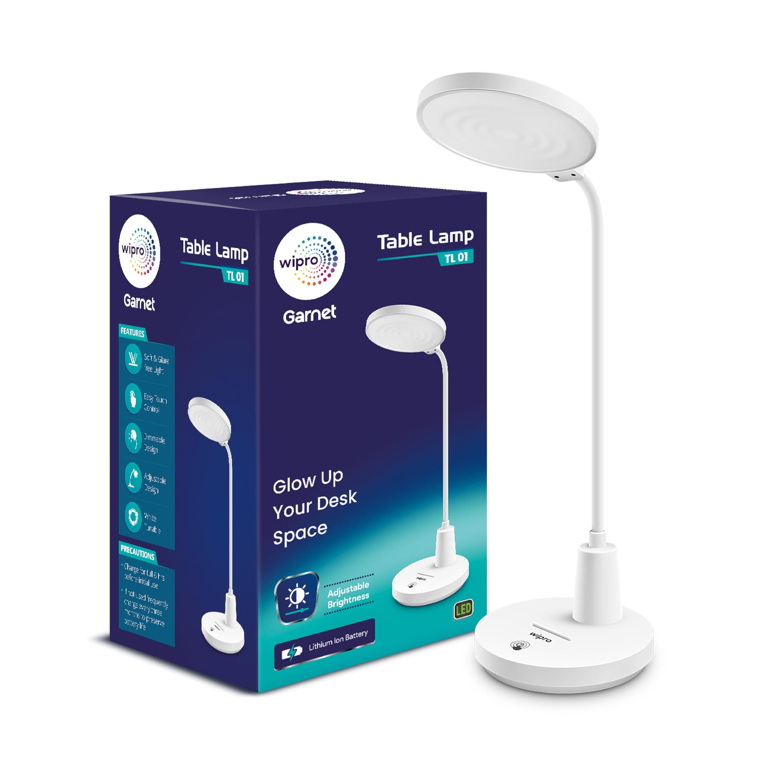 wipro 8W Rechargable LED Table Lamp (TL1)| 3 in 1 Color Changing (Cool Day/Neutral/Warm White) | 3 Step dimming | Portable Desk Lamp | Touch Control | Premium Study lamp |USB -C Charging,Pack of 1