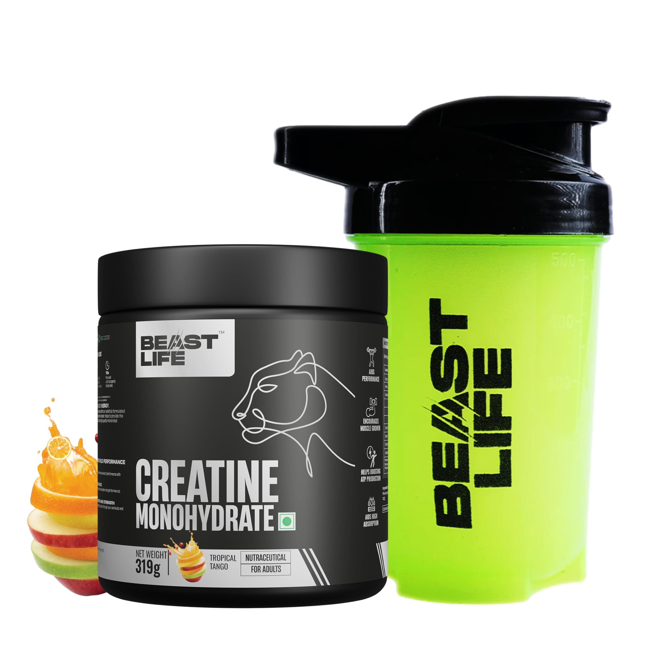 BeastLife Micronised Creatine Monohydrate with Free Shaker | 319 g | 86 Servings | Tropical Tango | NABL Lab Tested | Rapid Absorption for Muscle Strength & Athletic Performance | Super Micronised Creatine Powder