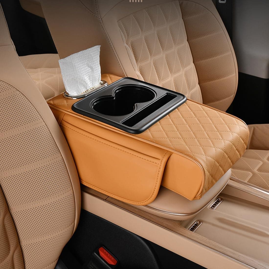 TANTRA Premium Car Armrest Cushion Organizers, 5-in-1 Center Console Cover with 2 Storage Bags Cup Holder, Tissue Box Slot, Phone Slot for Sedans, Car Accessories Interior Organizers (Tan)
