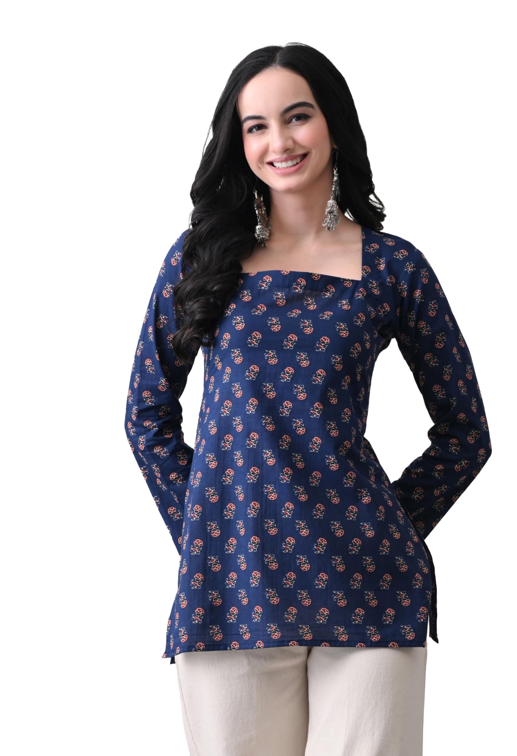 MEERA FAB Women’s Cotton Printed Straight Kurti Top |Square Neck Long Sleeve Casual Ethnic Tunic for Women