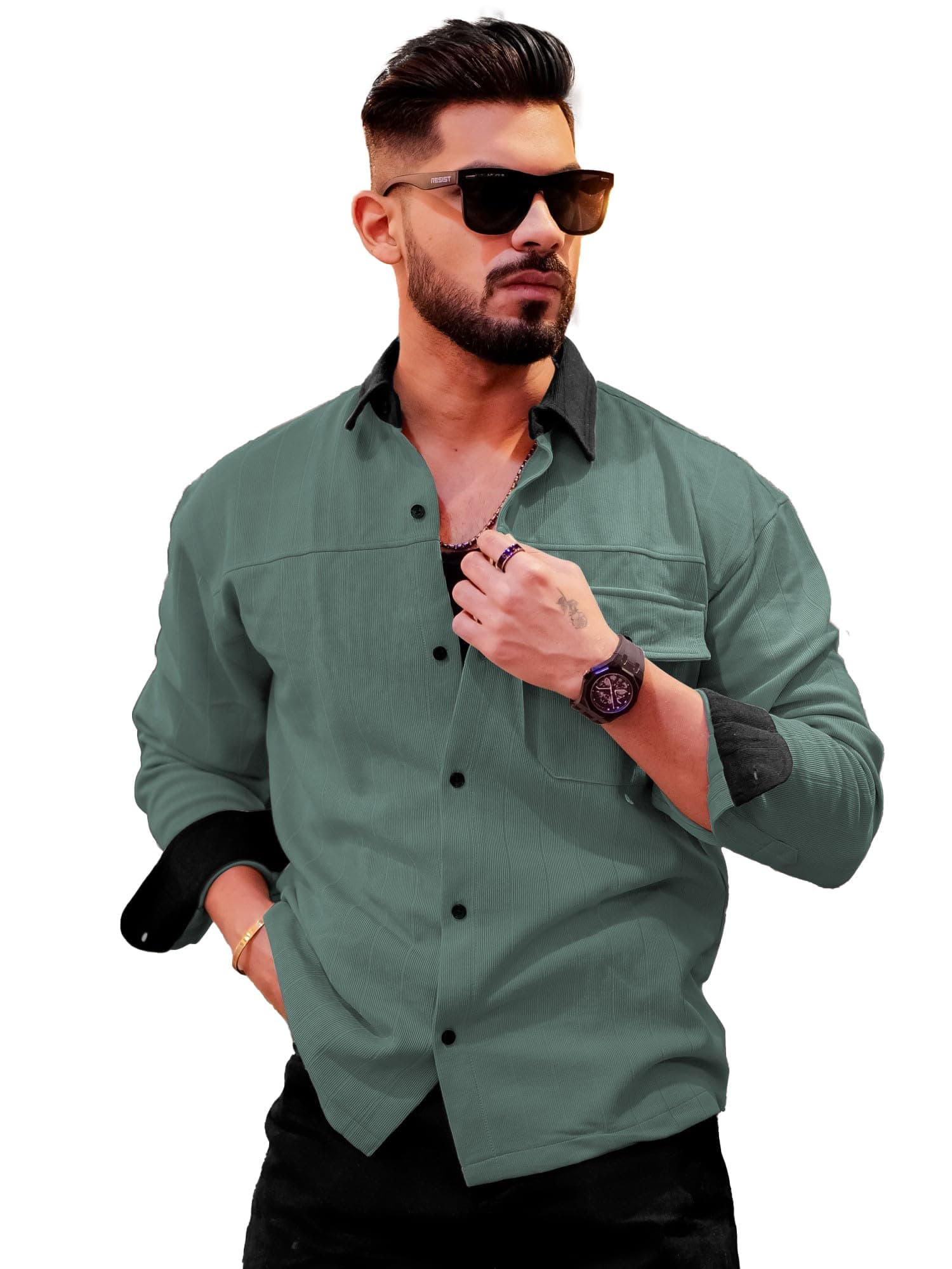 Maniac Mens Solid Collared Neck Full Sleeve Biscuit and Black Cotton Shirt