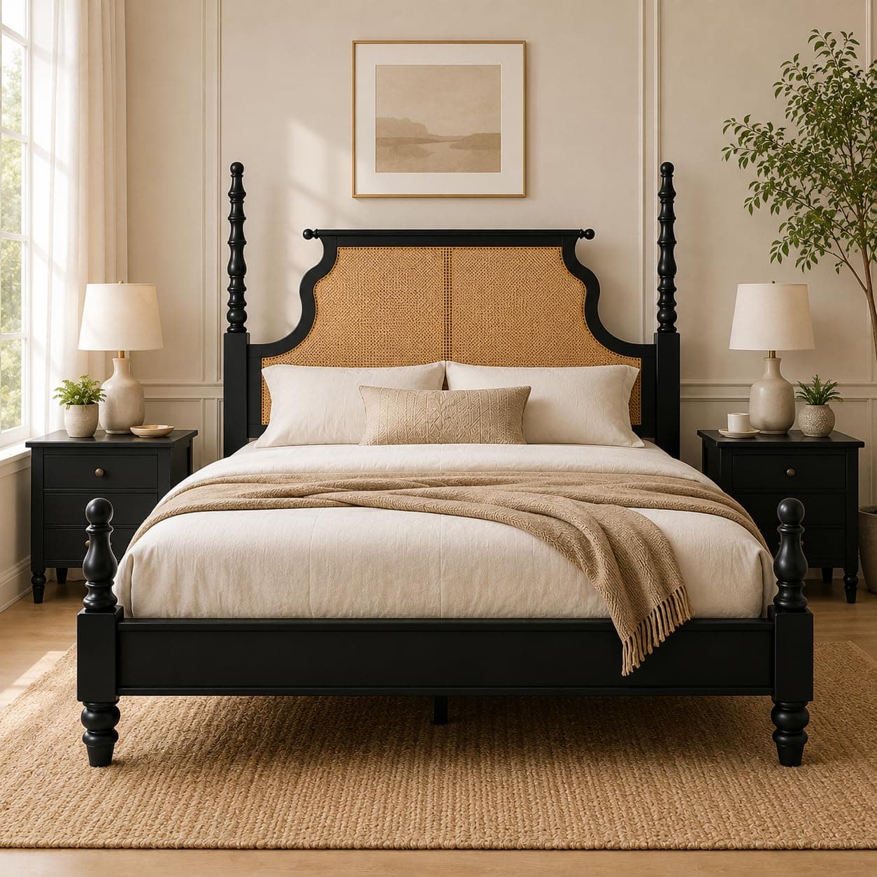 PC Wood Furniture Solid Wood Poster King Size Poster Honeymoon Bed Without Storage with Designer Piller and Cane Crafting for Couple Bedroom (King Size, Walnut Finish, 1 Piece)