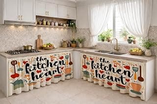 Under Sink & Counter Curtain for Modular Kitchen – Printed Fabric Rod Pocket Hanging Skirt, Washable Under-Counter Cover, Pack of 2 Panels (Each Panel: 150 × 70 cm) (Kitchen Heart)