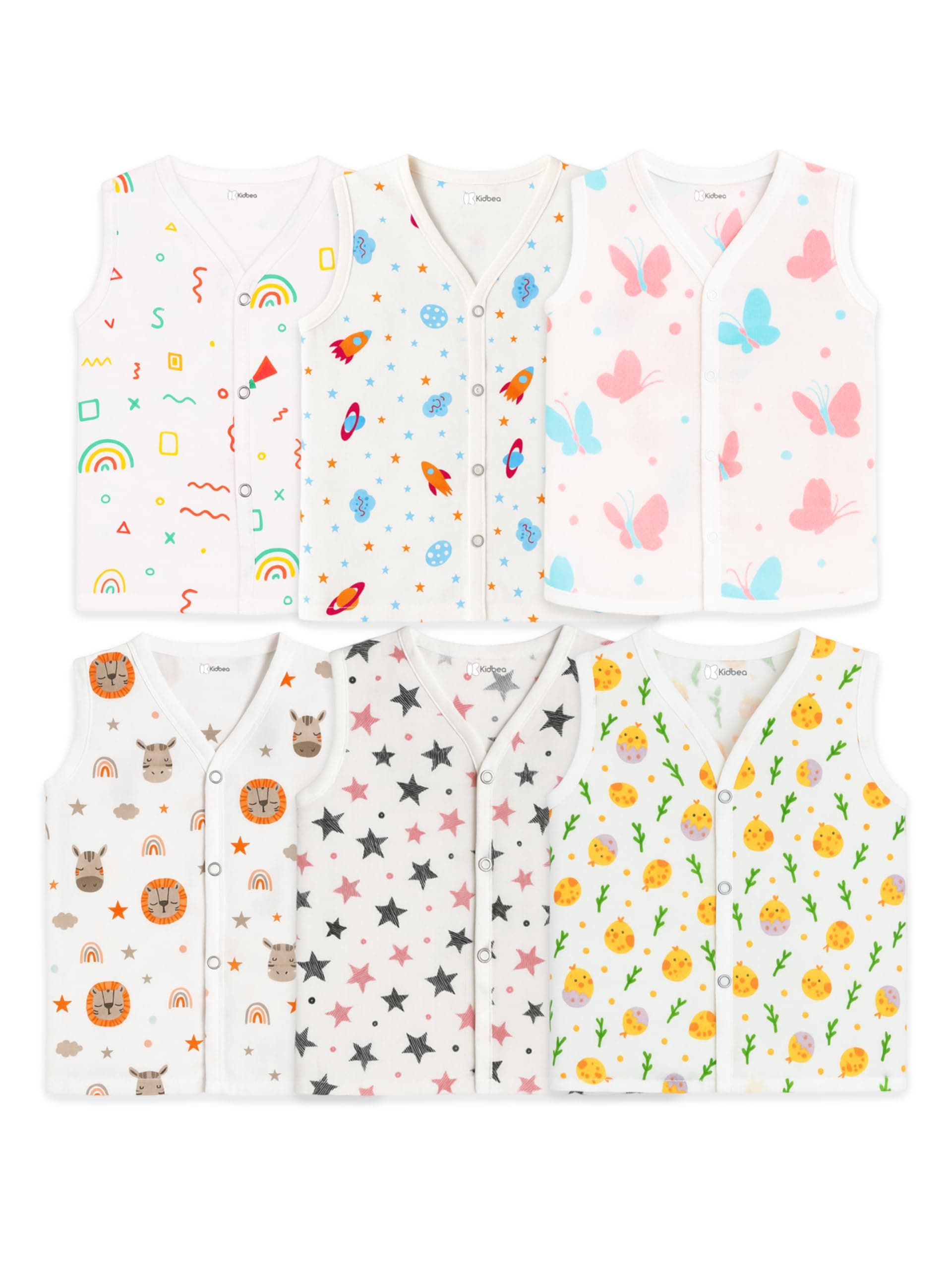 Kidbea Organic Cotton Muslin Button Jhabla for Boys & Girls | Summer Wear V-Neck, Sleeveless Vest Pack of 6 (Multicolor, 3-6 Months)