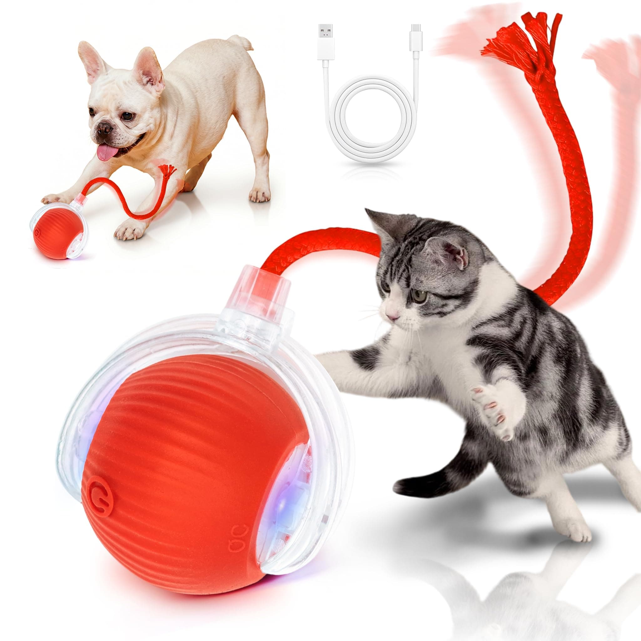 Cat Toys for Indoor Cats Smart Automatic Bal Moving Chase Dogs Toy, Red | Ball Rolling for Bored Kitten Pet, Upgraded Speedy Moving Chase Dogs Toy