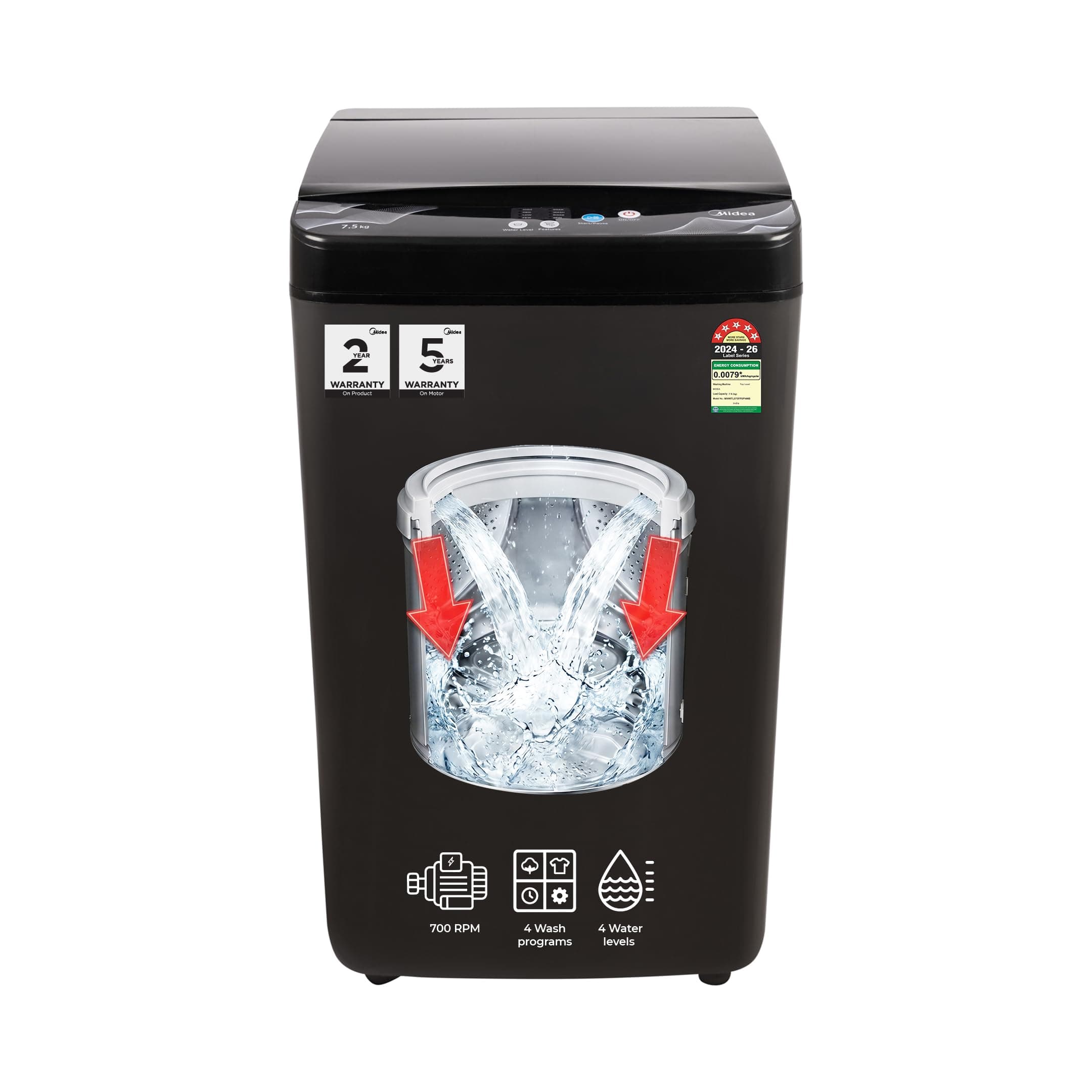 Midea 7.5 Kg 5 Star Fully Automatic Top Load Washing Machine, Spiral Stream Tub, Dual Waterfall, 6 Petal Pulsator, Magic Filter (MWMTL075FP0PNMB, Auto Restart, Mid Black)