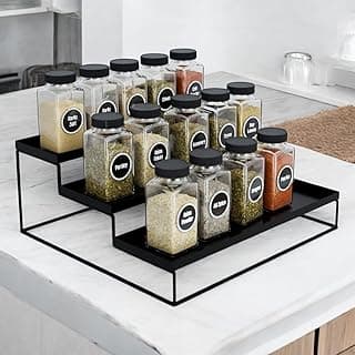 Go Hooked Kitchen 3-Tier Step Standing rack Kitchen Spice Bottle Rack Utensil Holder Food Storage Organizer for Cabinet Pantry Shelf Bathroom Rack (Black, Pack of 1, Iron, Step Shelf, Countertop)