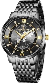 London Fog Baker Collection Analog Quartz Watch for Men, Round World Map Dial with Month Markers & Crystal Accents, Luminous Hands, Stainless Steel Strap - LFM10009