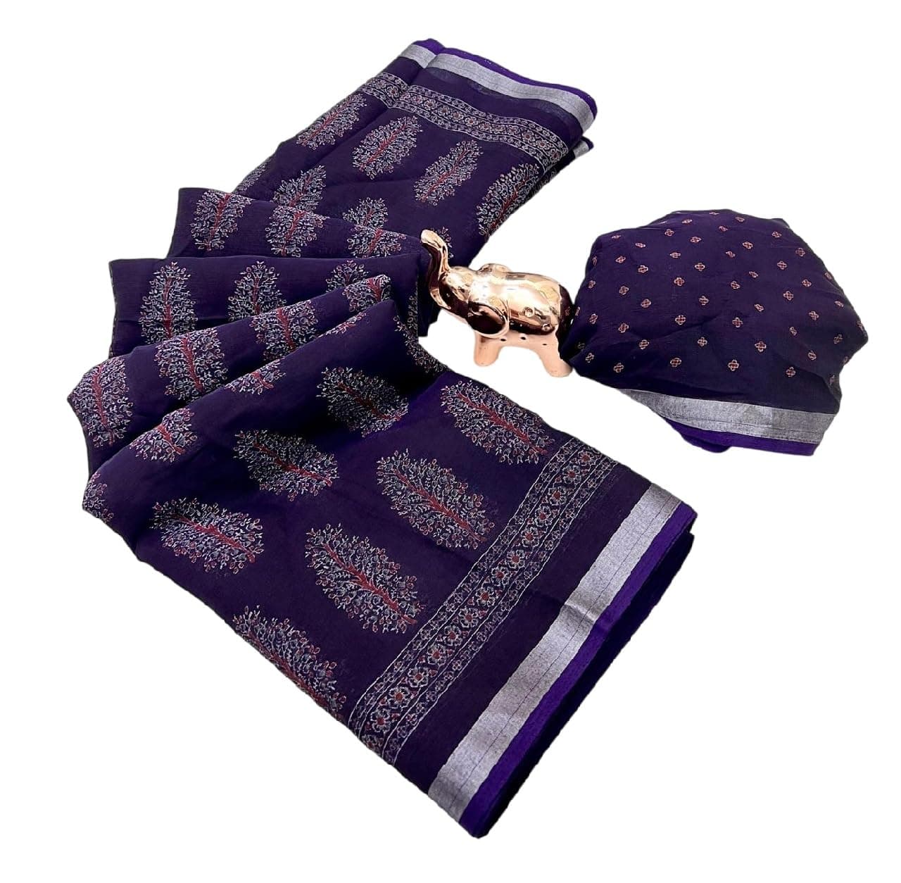 Handloom Linen Ajrak Printed Saree with Tassels on Edges & Attached Blouse Piece | 5.5 Meter Saree + 0.8 Meter Blouse