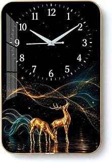Decorative Wall Clock with Glass Finish for Home & Office Décor (18x12 Inch) | Deer Printed Wall Clock for Living Room & Temple