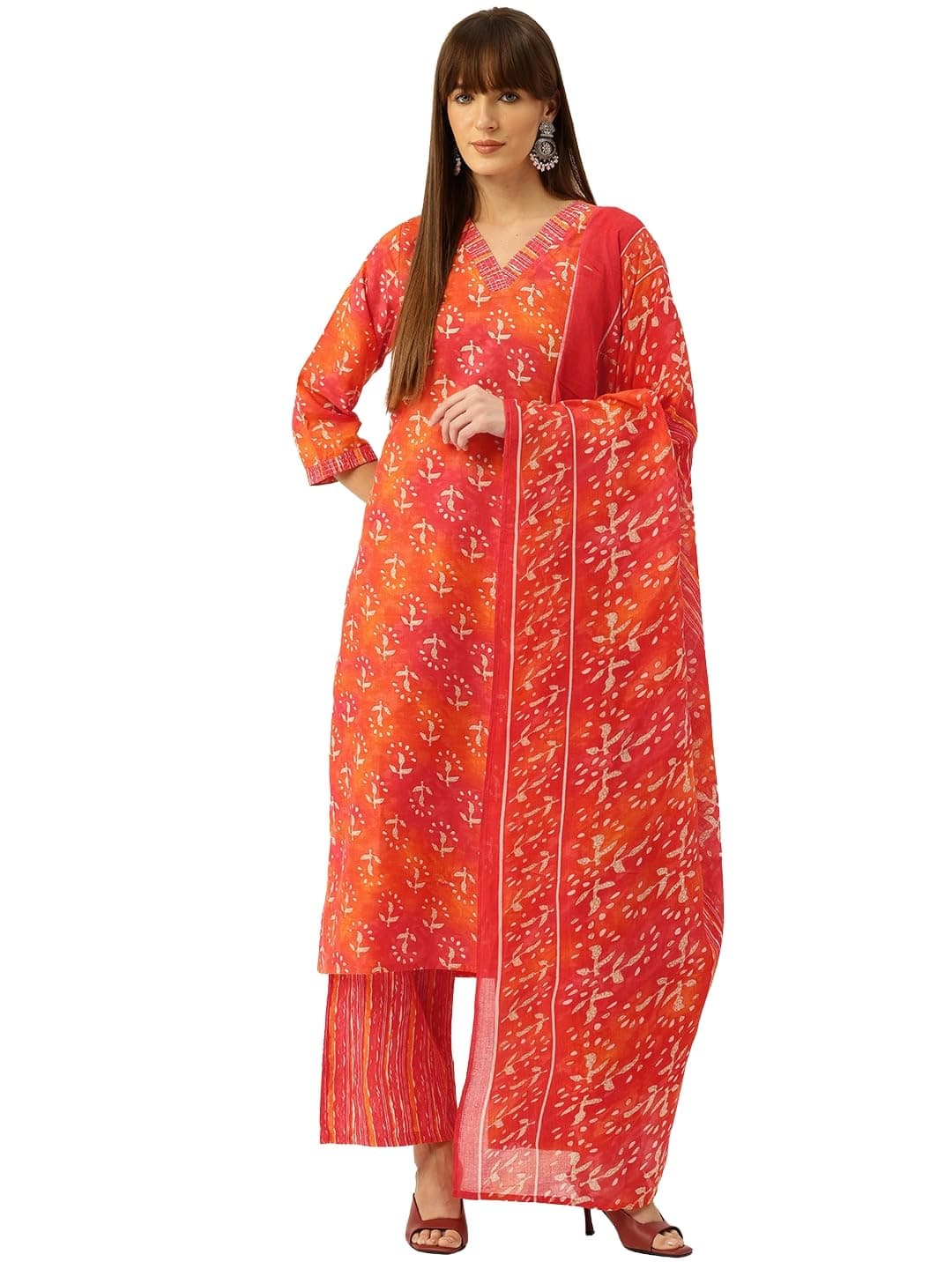 feranoid Bordered V-Neck 3-Piece Kurta Set with Ankle-Length Pants & Full-Length Dupatta (Size S-XXL)