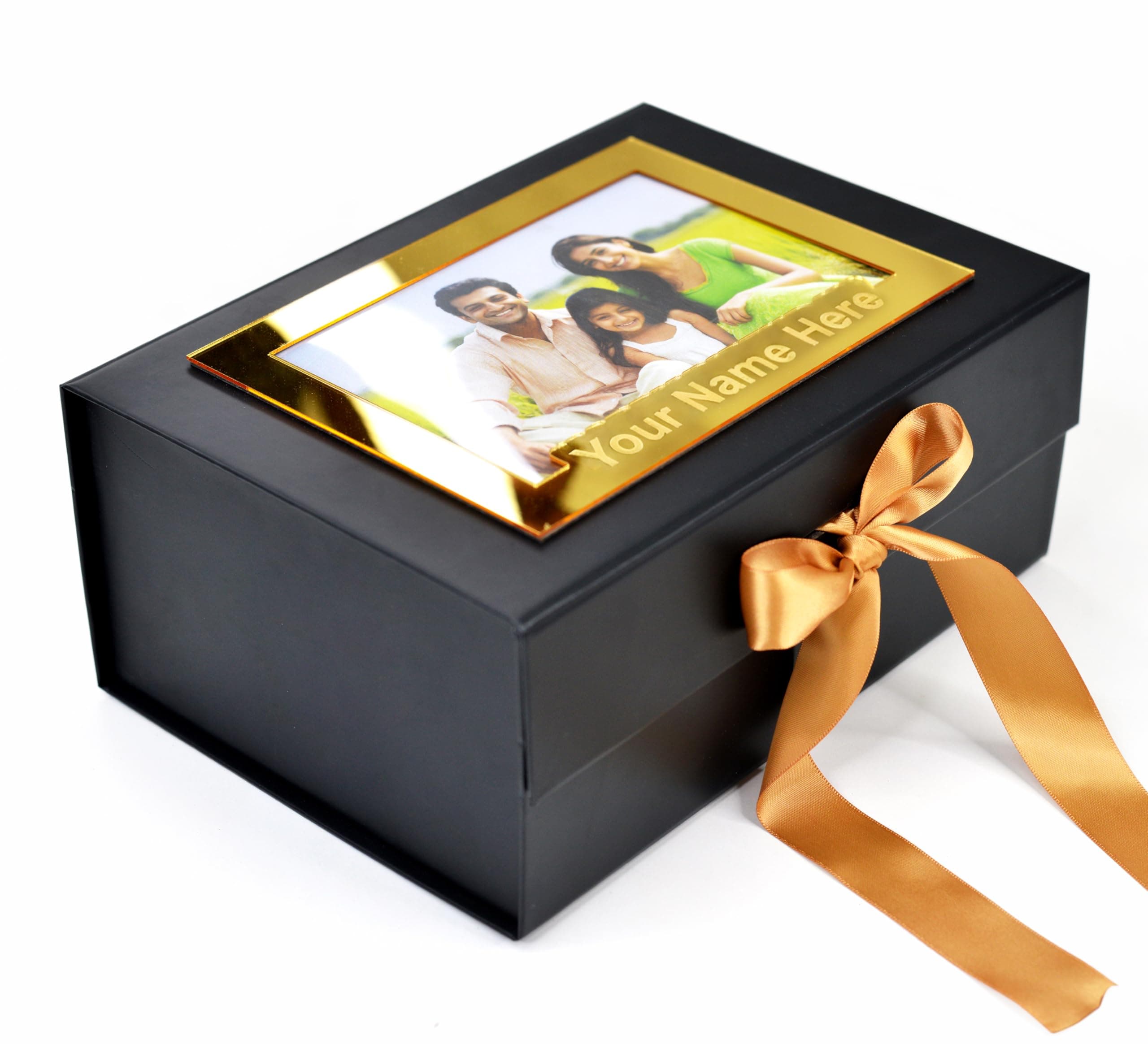 RBS® - Customized Name Print Gold Acrylic Gift Box with Photo Frame (23x16x10cm) Custom Keepsake Gift Boxes for Birthday, Wedding & Anniversary Hold Upto 5 kg Hamper Packaging Box (Personalised Name)