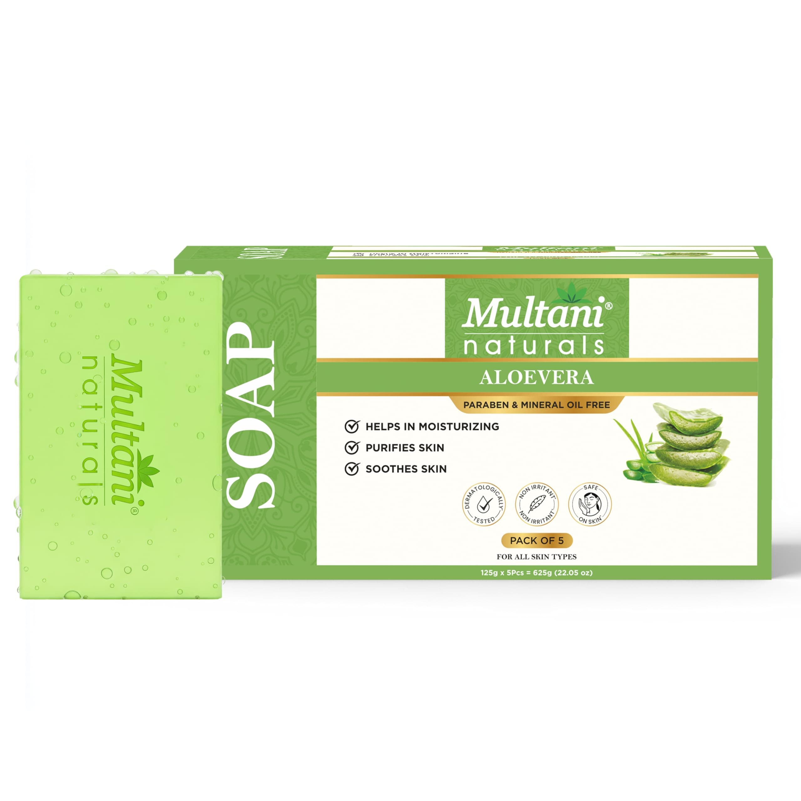 Multani Natural Aloe Vera Soap For Bath (125 Gm - Pack Of 5) | Helps In Reducing Acne | For Deep Hydration & Glow | For Pigmentatio & Sun Damage | Helps Rejuvenate Dull & Tired Skin | Paraben Free | Clinically Tested | For All Skin Types | Soap Bar For Men & Women