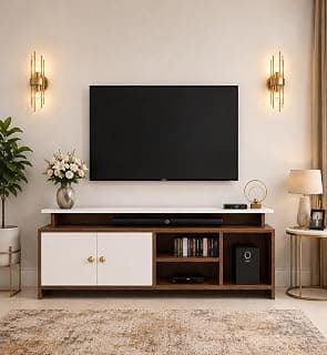 Spyder Craft Matte Finish Engineered Wood Rhodium TV Entertainment Unit TV Stand Setup Box with Wall Mounted Cabinet for Books Storage Unit-Noce Lyon & White