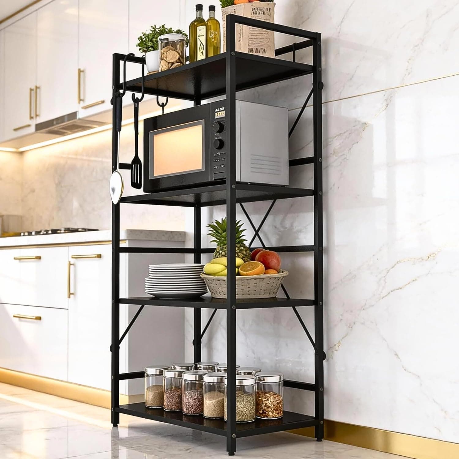 wow craft Heavy Duty 4-Tier Metal Storage Rack (Black) | Multipurpose Shelf for Microwave, Kitchen, Bathroom & Home Organization | Space Saving Steel Organizer (40D × 64W × 132H cm)
