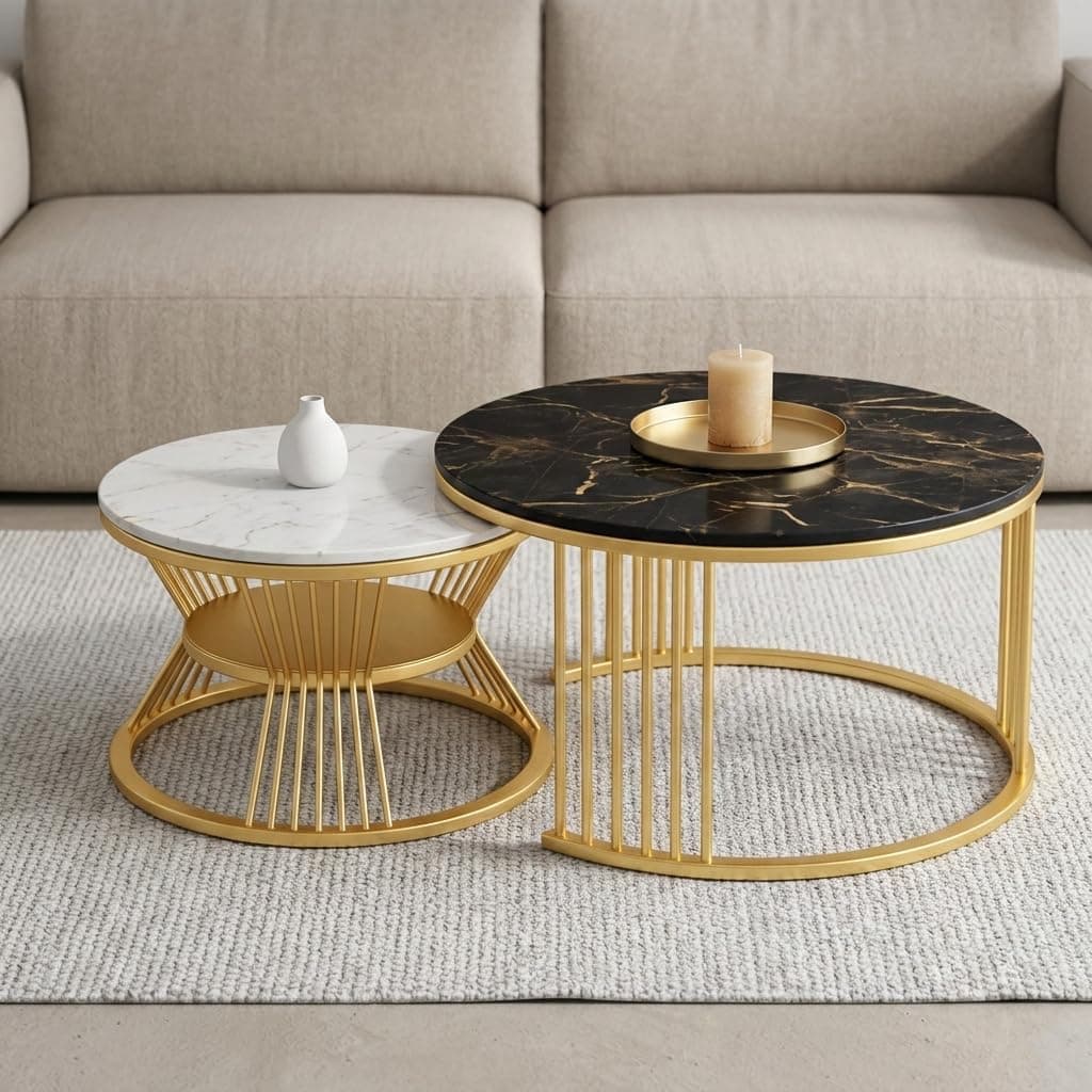 Bright Wood Craft Coffee Table, 20" Round Coffee Table Set of 2, Wooden Nesting Table with Metal Frame, Center Tables for Living Room Bedroom Balcony Bedside Table Black