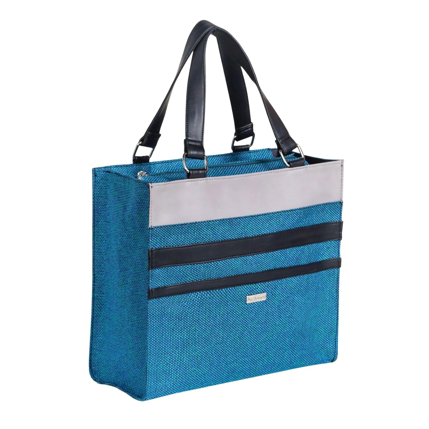 Nestasia Jute Lunch Bag for Office (31.5 cm x 13 cm), Eco - Friendly & Stylish Textured Tiffin Bag for Men & Women with Side Pocket & Bottle Strap, Blue & Black