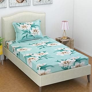 VAS COLLECTIONS Pack of 1 Single Bedsheet with 1 Pillow Covers | 160 TC Soft Brushed Glace Cotton White & Light Green - Long Lasting & Wrinkle Free - | 228X152 cm