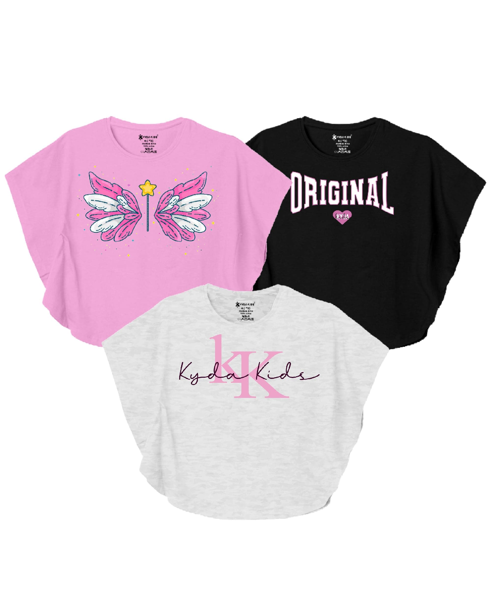 KYDA KIDS® 100% Cotton Bio-Washed Premium Printed T-Shirts for Girls – Butterfly Pattern Regular Fit Tops (Pack of 3)