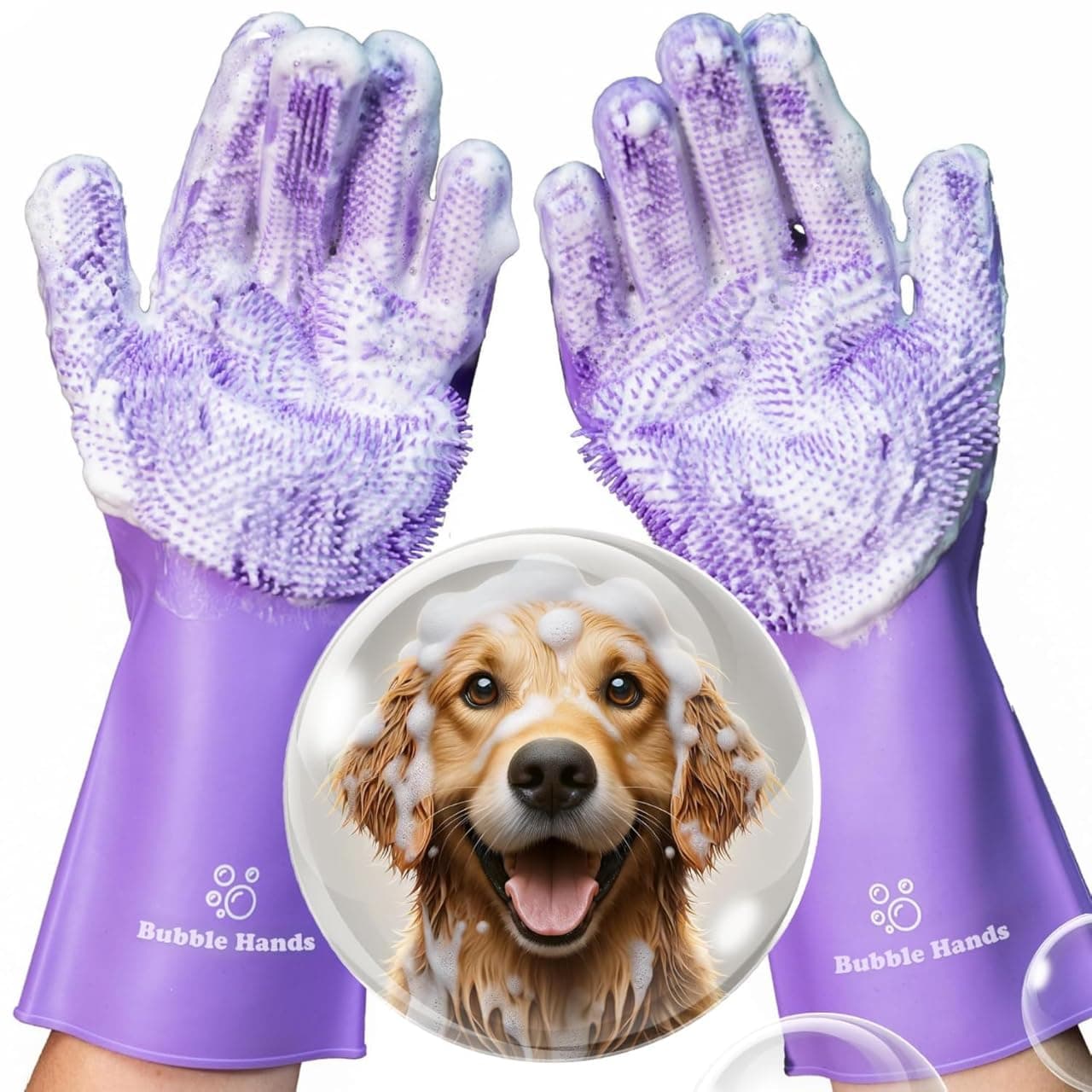 BUBBLE HANDS Dog Washing Gloves with Bristle Scrubbers, Reusable Silicone Gloves Ideal for Pet Bathing, Massaging & Grooming (Purple)