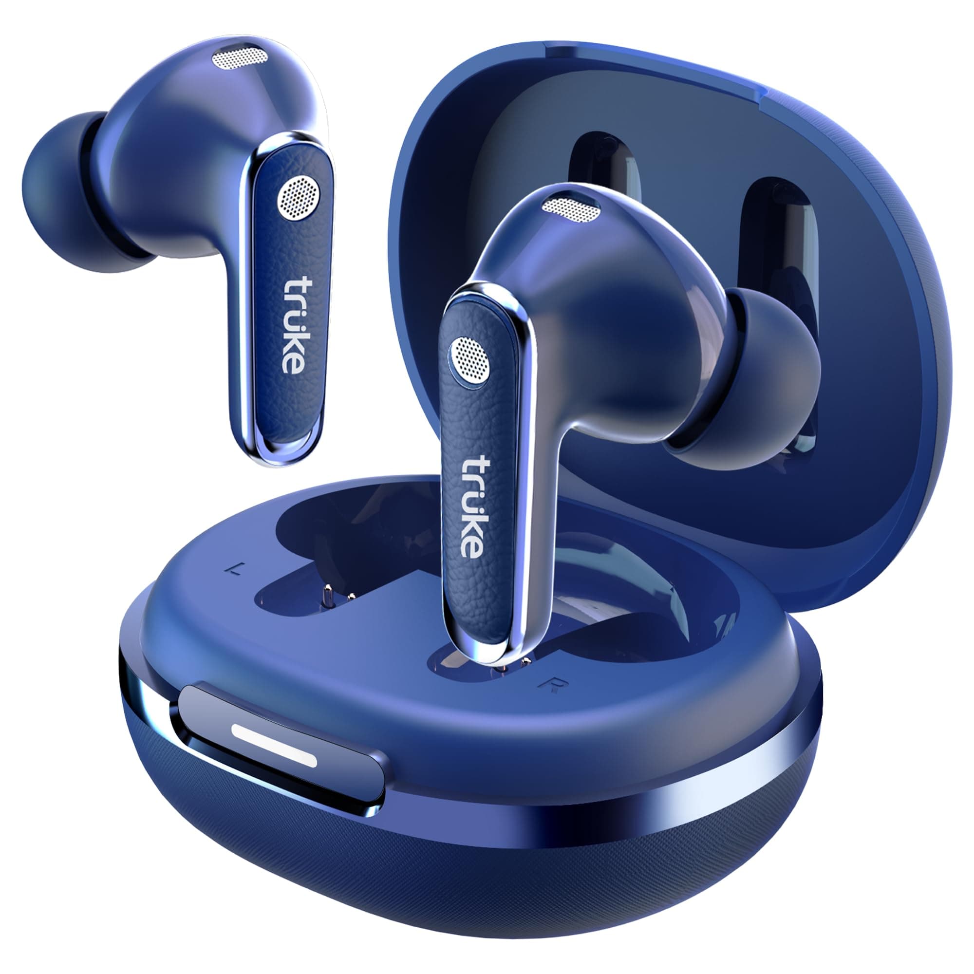 truke New Launch Mega 12 True Wireless in Ear Earbuds W/ 24-Bit Spatial Audio, Premium Leather Textured Design, 70H Playtime Fast Charge Buds, 13mm Drivers TWS, Low Latency, ENC (Indigo Blue)