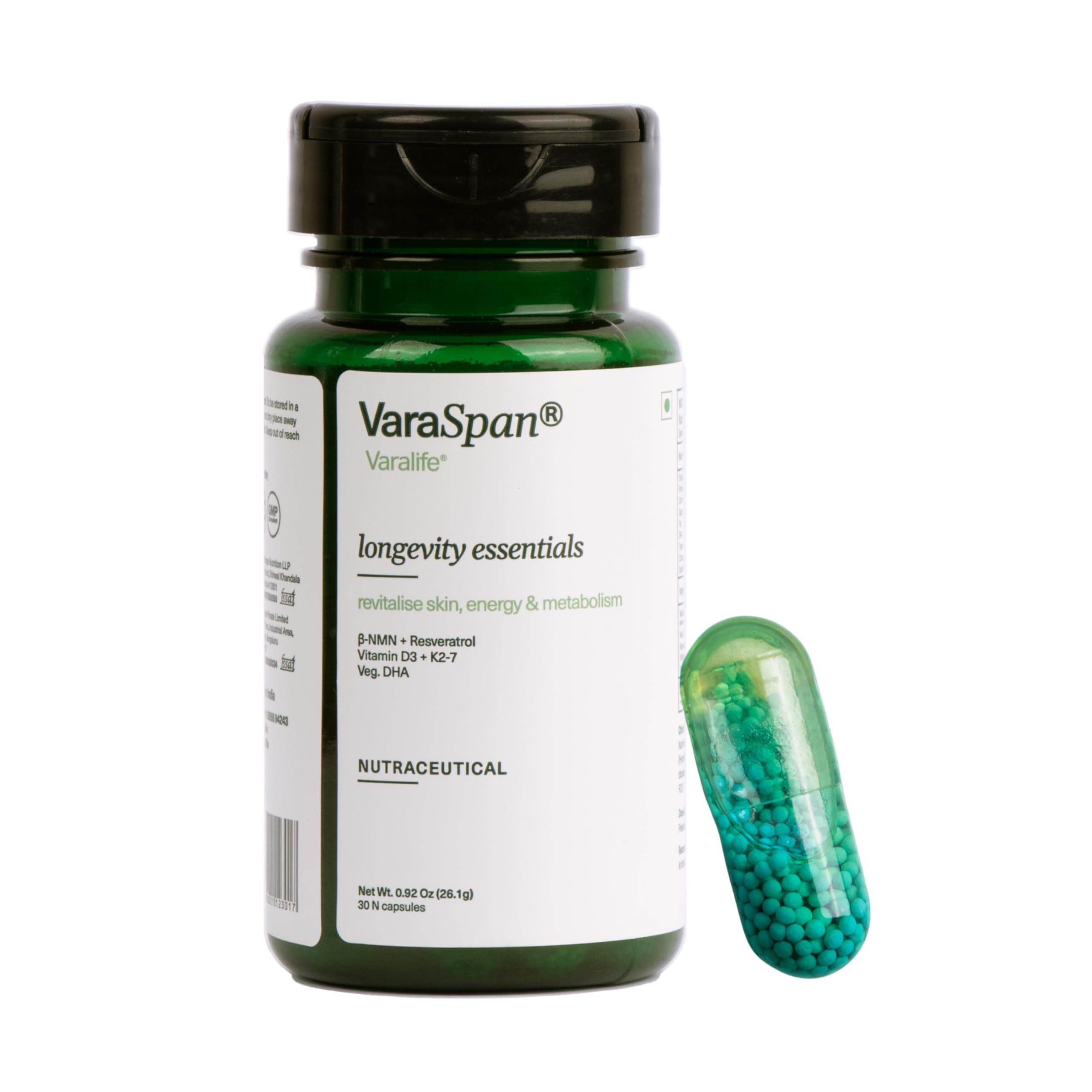 Varalife VaraSpan 5-in-1 Advanced NMN Supplement with Resveratrol, DHA, Vitamin D3 & K2 - Powerful NAD+ Booster | Slow Down Aging | Ultra High Purity and 3rd Party Tested | 30 Capsules