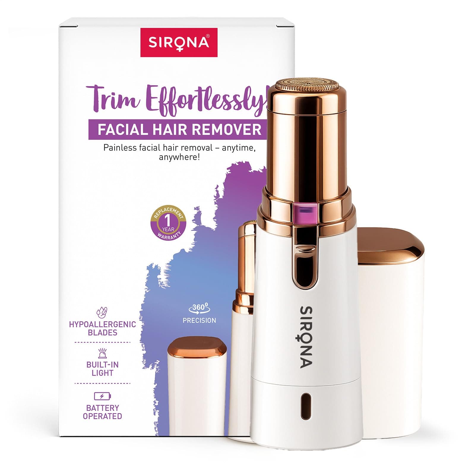 Sirona Mini Facial Hair Removal Machine Trimmer for Women | For Face, Eyebrow, Upper Lip, Forehead, Chin, Nose & Sideburns Hair Remover | Painless, Hypoallergenic, Battery-Operated Machine with Light