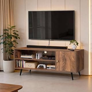 ABOUT SPACE TV Unit - Engineered Wooden TV Stand Table with Cable Hole, Cabinet with Door, Adjustable Shelf for WiFi Router Stand for Living Room, Bedroom (Walnut- L 120 x B 40.5 x H 55 cm)