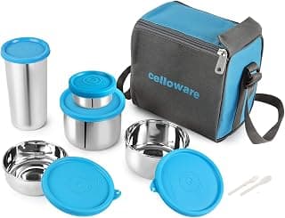 CELLO Steelox Set of 5 Pcs Lunch Box with Jacket For Office, Blue | 550ml, 375ml, 225ml, 50ml Stainless Steel Containers & 375ml Tumbler |Lightweight Leakproof Airtight Tiffin Box For Daily Use Travel