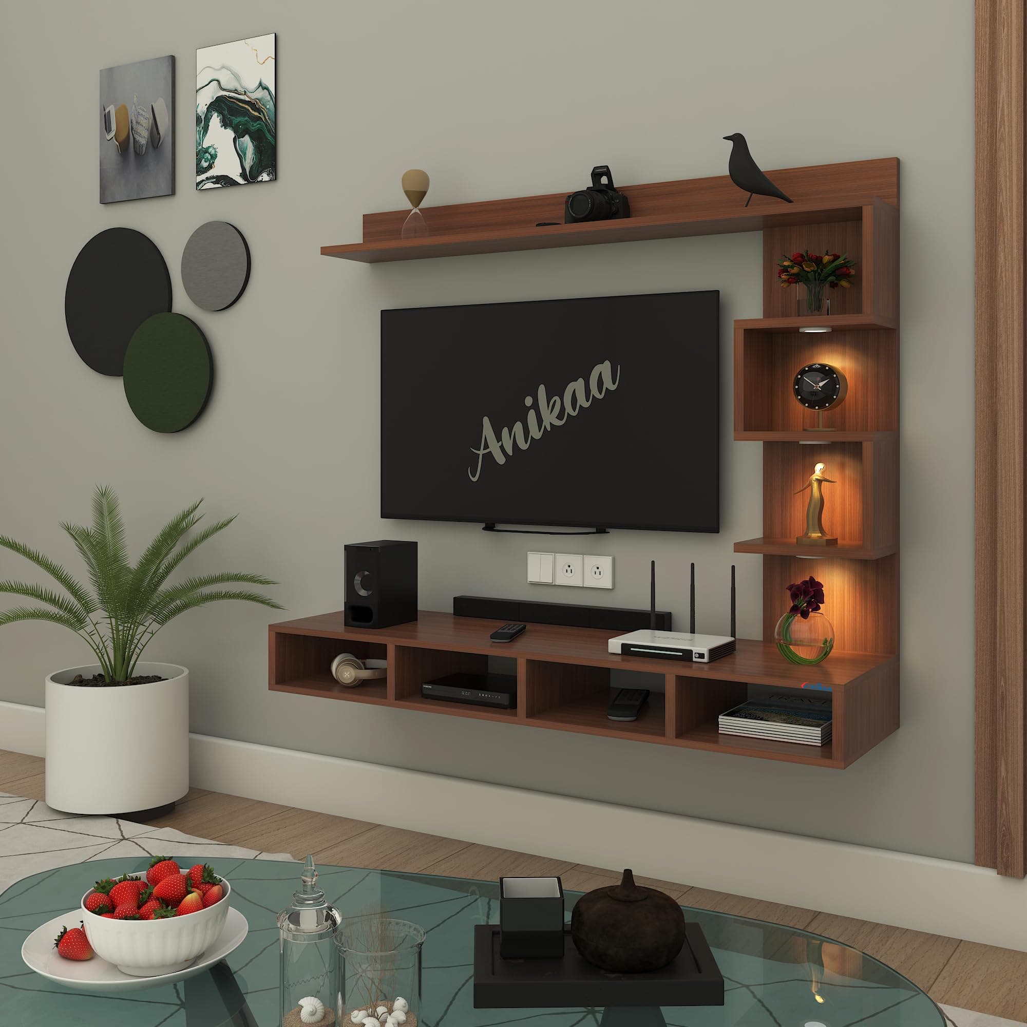 Anikaa Laura Engineered Wood Wall Mount TV Unit LED Light TV Cabinet Wall TV Stand - (Walnut) (Ideal for 43 Inch)(D.I.Y)