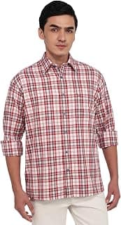 Colorplus Men's Comfort Fit Checked Casual Shirt - Pure Cotton Full Sleeve Smart Casual Wear | Medium Red