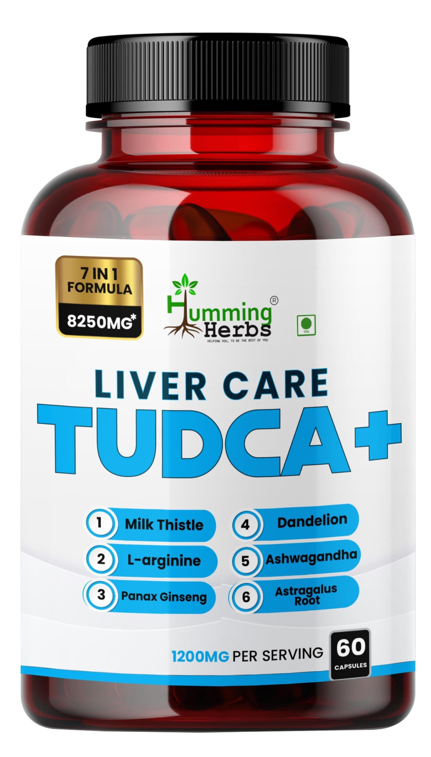 Humming Herbs Liver Care TUDCA+ | 7-in-1 Formula with Milk Thistle, Dandelion & Panax Ginseng | Supports Liver Health & Detoxification | 1200mg per Serving | 60 Veg Capsules (60 Caps)