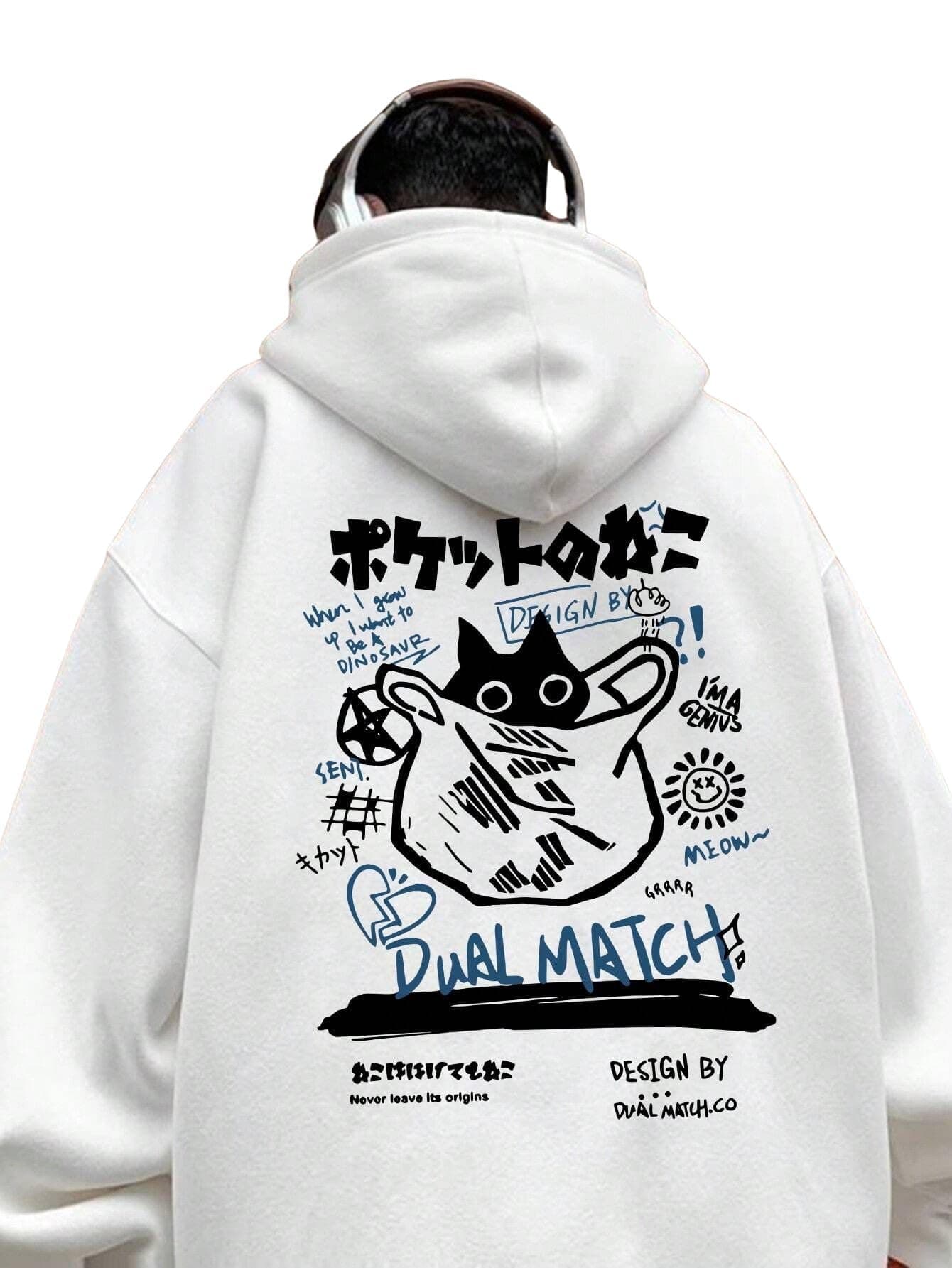 SXV STYLE Dual Match Men's Cat Graphic Print Casual Pullover Fleece Hoodie Hooded Sweatshirt