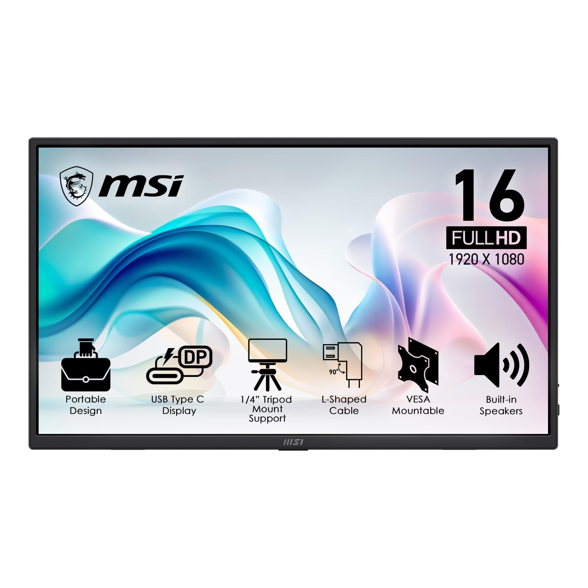 MSI PRO MP165 E6 16-Inch Portable Monitor, 1920x1080 FHD, IPS Panel, 60Hz, 4ms, USB Type-C (DP Alt Mode & 15W PD), Mini HDMI 2.0b, Built-in Speakers, Ultra Slim, Tripod Mount, Anti-Glare, Black