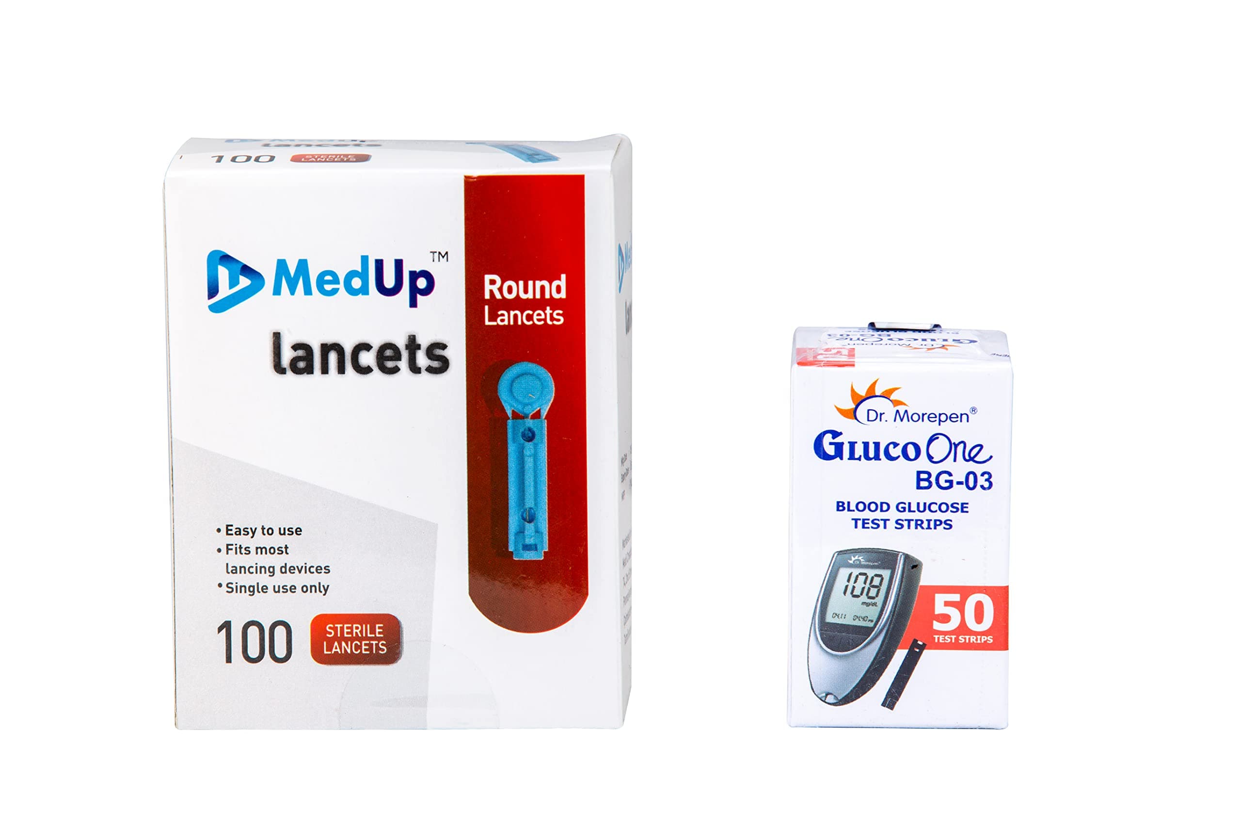 MedUp 100 Round Lancets with DR. MOREPEN BG-03 50 Test Strips Combo (No Glucometer), Blue