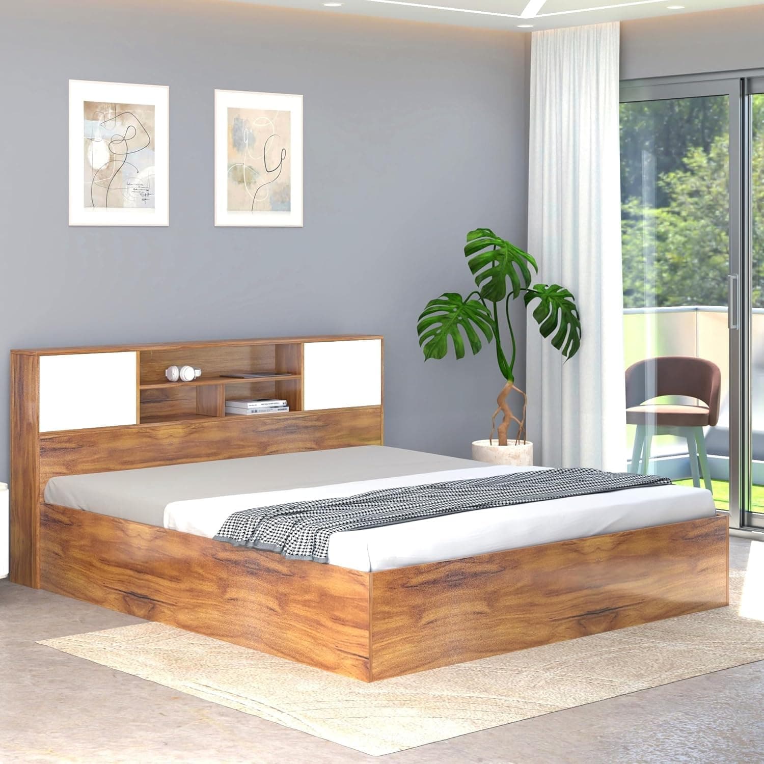 Callas Estoria Engineered Wood Queen Size Bed with Storage | Free Installation with 1 Year Warranty (Walnut, Queen with Storage)