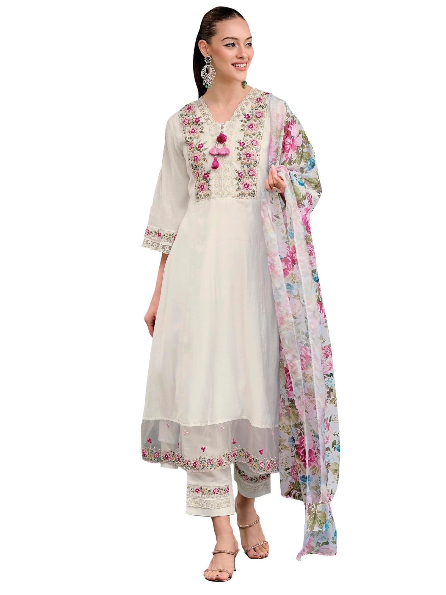 INDO ERA Women's Silk Blend Embroidered Anarkali Kurta & Pant with Dupatta Set
